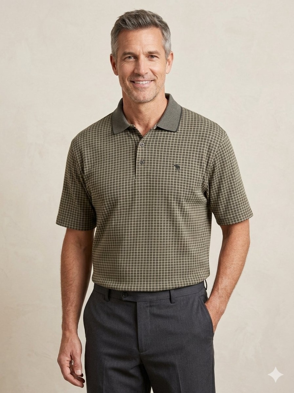 Pierre Cardin Olive Grid Polo with Contrasting Collar